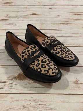Kate Spade BlackLeather Crista Cheetah Rounded Point Toe Loafers Size 9.5